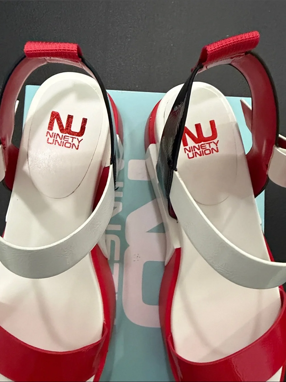 Red, white, and black Ninety Union NU wedge sandals women’s HTF size 13